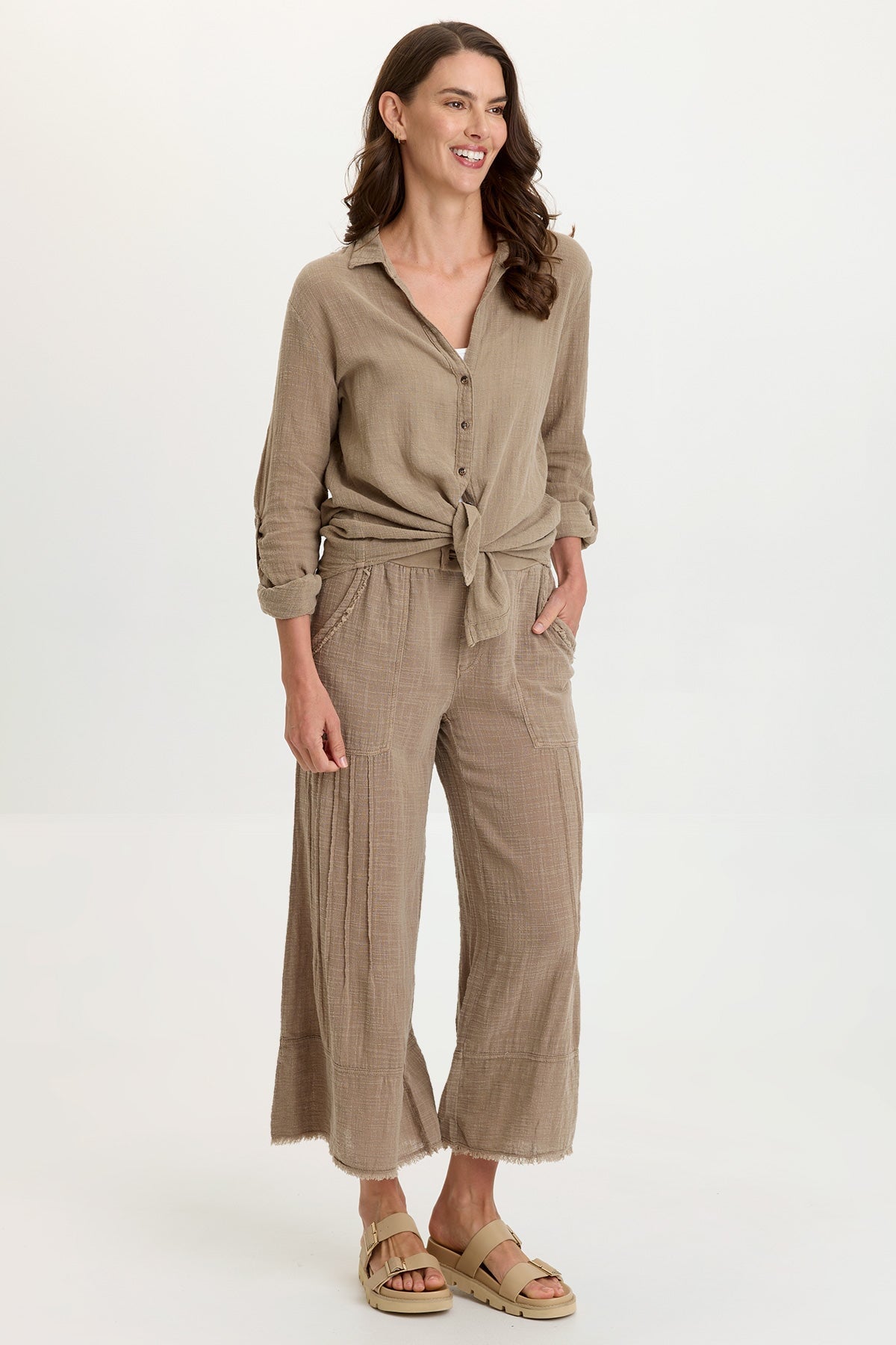 Porter Gauze Curved Hem Button-Up Top