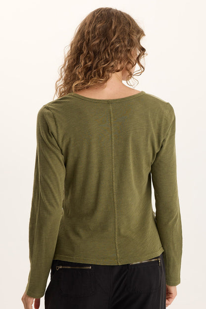 Ketti Long Sleeve Twill/Jersey Ruched V-Neck