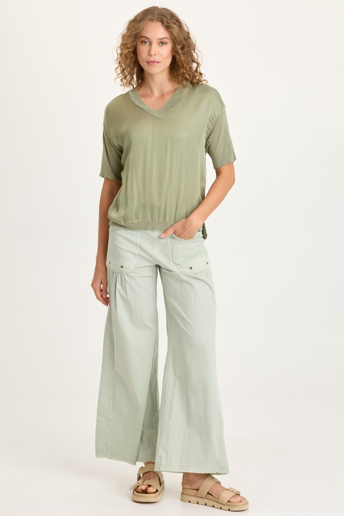 Lottie Satin/Knit V-Neck Top