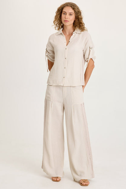 Elu Gauze Lace Trim Wide Leg Pant