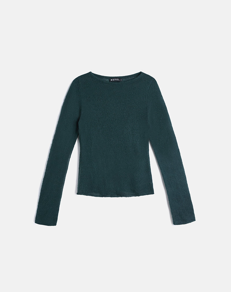 Aika Long Sleeve Top in Sheer Knit Dark Green