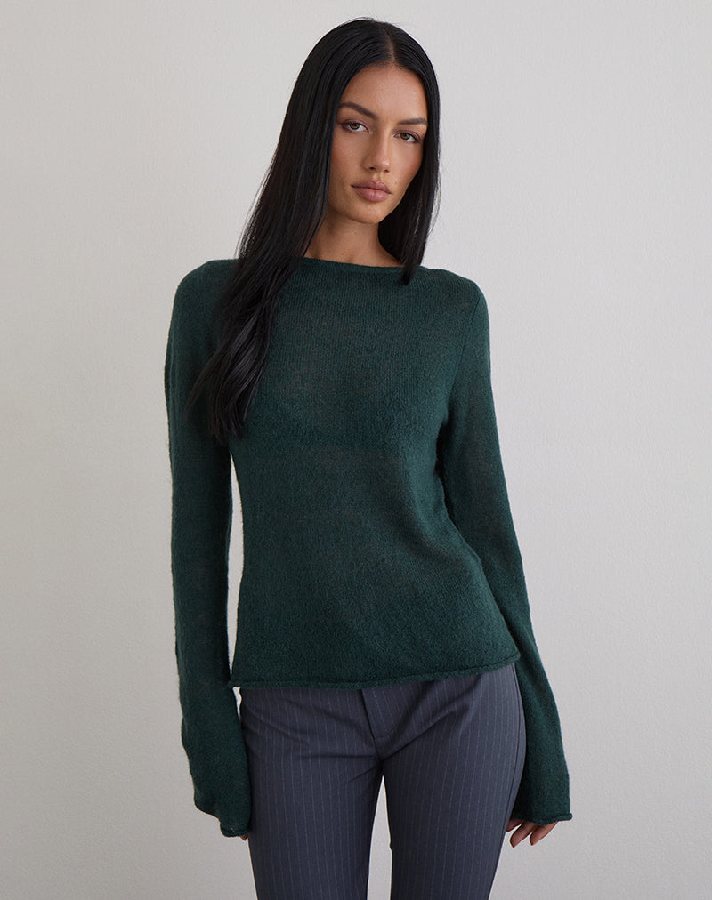 Aika Long Sleeve Top in Sheer Knit Dark Green