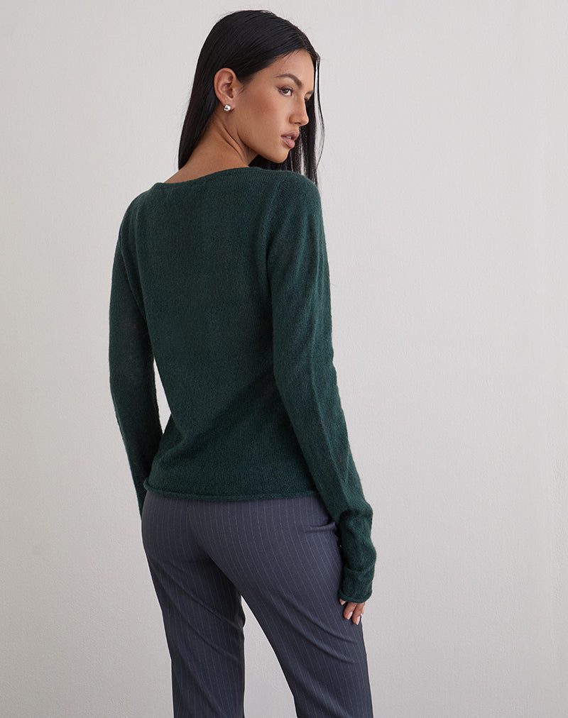 Aika Long Sleeve Top in Sheer Knit Dark Green