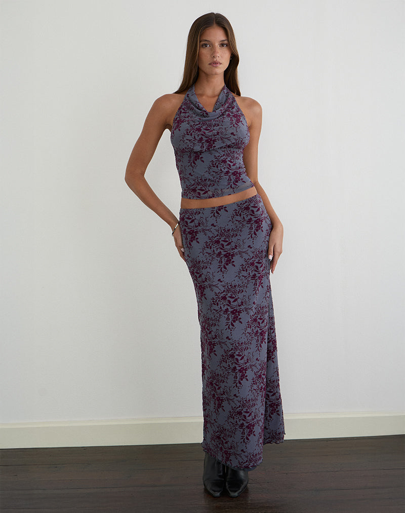Alfreda Maxi Skirt in Fine Leaf Flock Smoke Grey