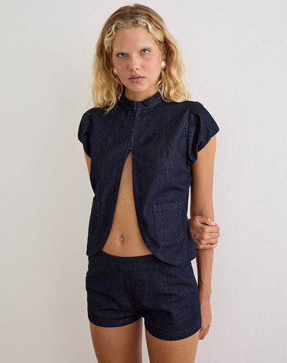 Alita Mini Short in Chambray Indigo with Buttons
