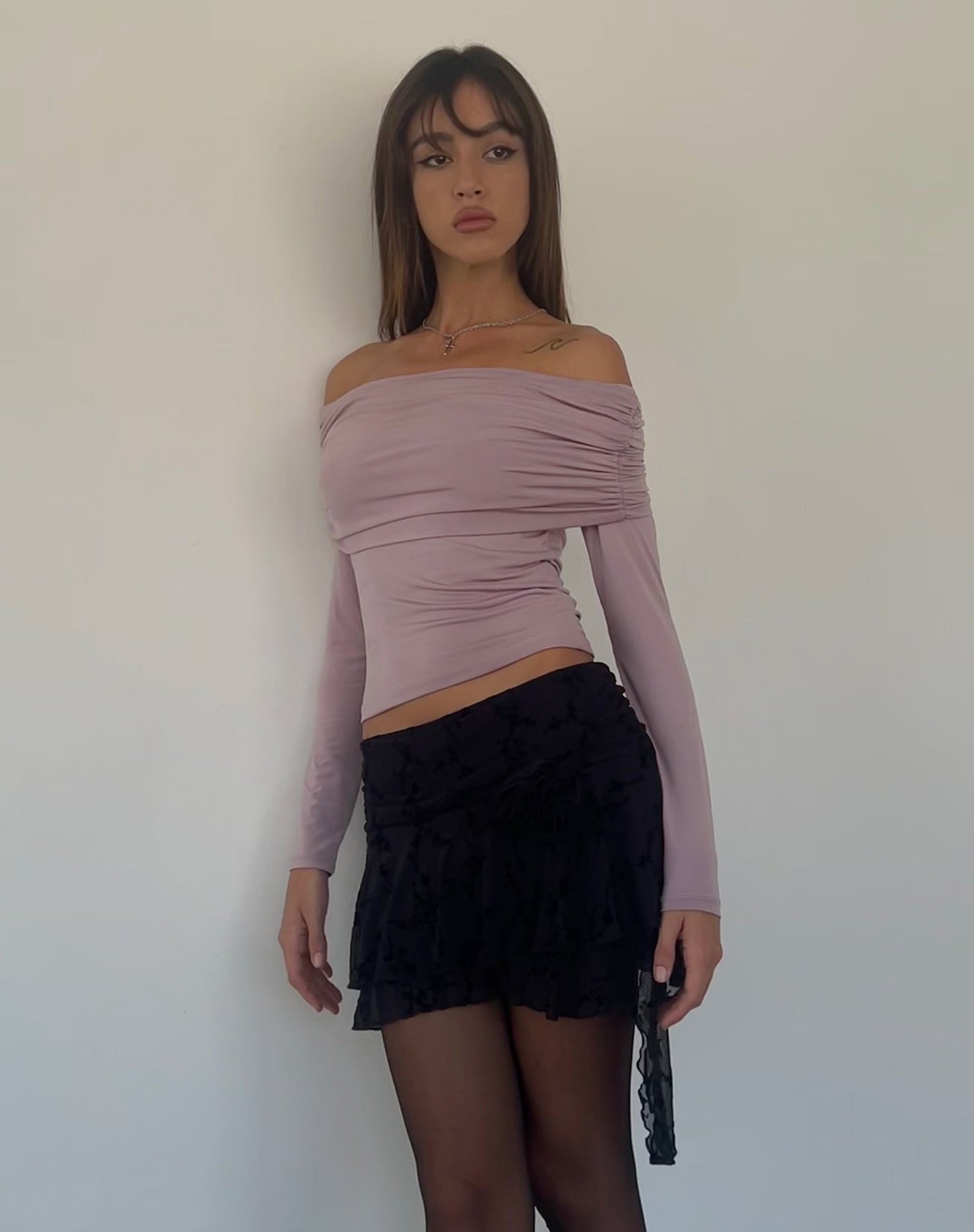 Andi Long Sleeve Bardot Top in Slinky Mauve