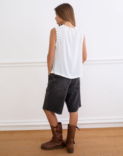 Argya Tie Front Top in Rayon White with Lace Trim