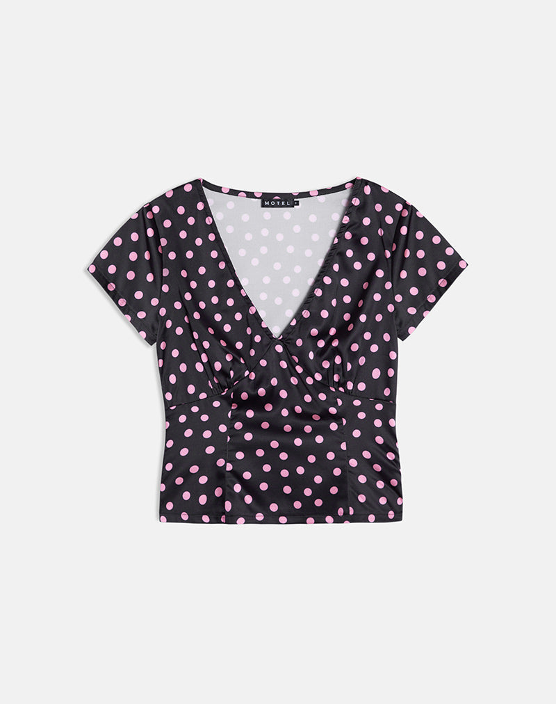 Asena Top in Black Satin Scattered with Pink Polka
