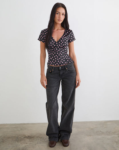 Asena Top in Black Satin Scattered with Pink Polka