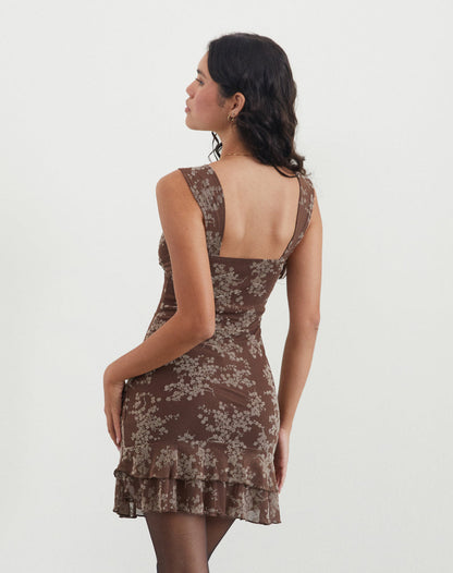 Astika Mini Dress in Blooming Vines Brown