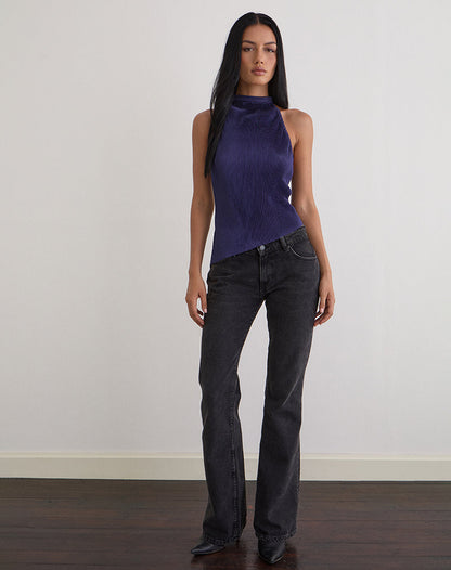 Atsila High Neck Sleeveless Top in Plisse Navy