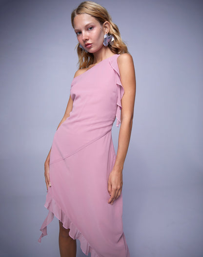 Beleri Ruffle Asymmetric Dress in Pink Chiffon