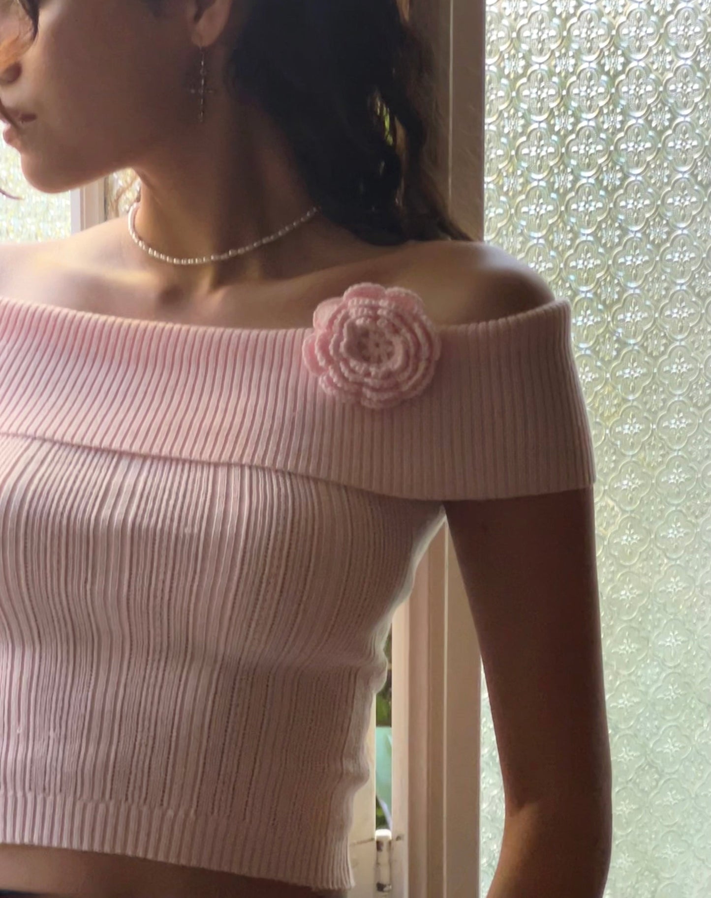 Brenda Knitted Bardot Top in Pink with Rosette