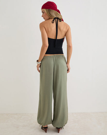 Brizid Balloon Trouser in Crinkle Satin Khaki