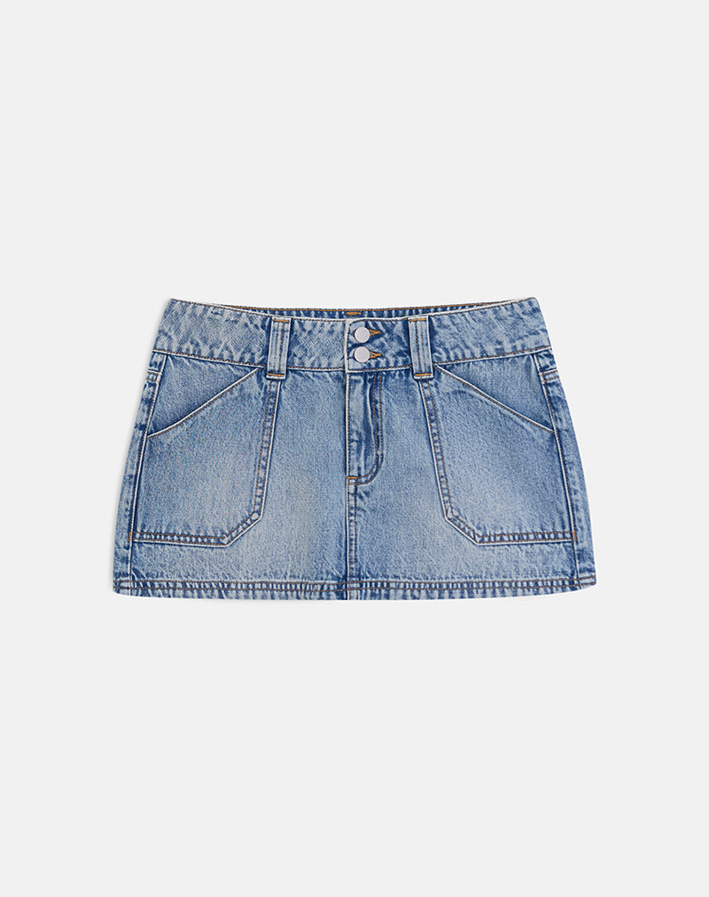 Cargo Denim Mini Skirt in Vintage Blue Wash
