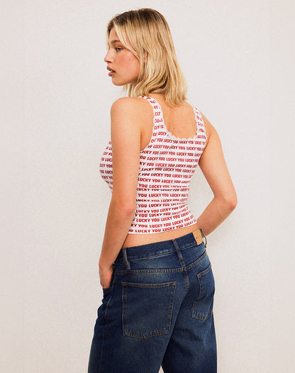 Carillo Top in White with Lucky You Text in Red