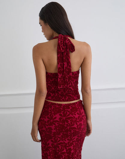 Clandy Cowl Top in Flocked Mesh Flower Cherry