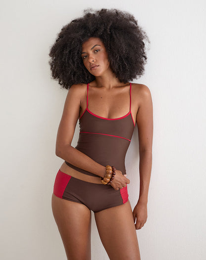 Avilina Swim Short in Brown with Red Binding