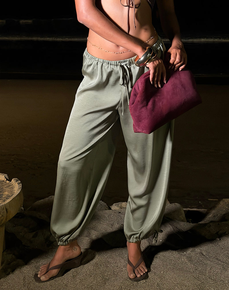 Brizid Balloon Trouser in Crinkle Satin Khaki