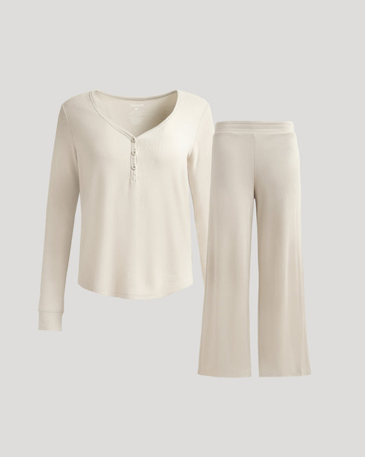 Womens Oatmeal Waffle Long Sleeve Henley & Waffle Leg Pant 2-Pack