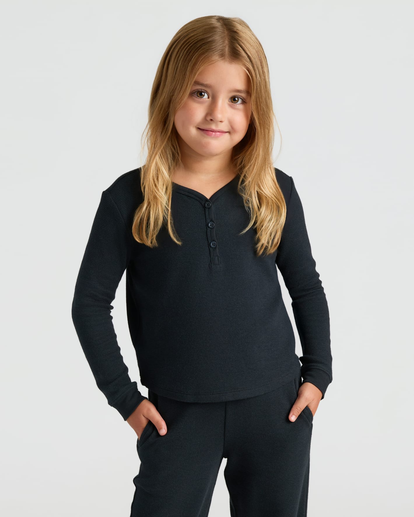Girls Black Long Sleeve Boxy Waffle Henley