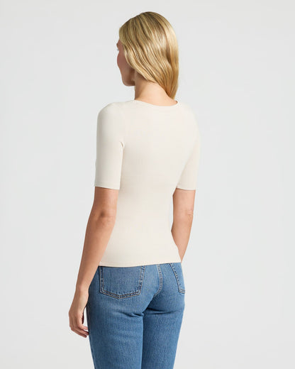 Womens Oatmeal Ribbed 3/4 Sleeve Scoop Neck Tee